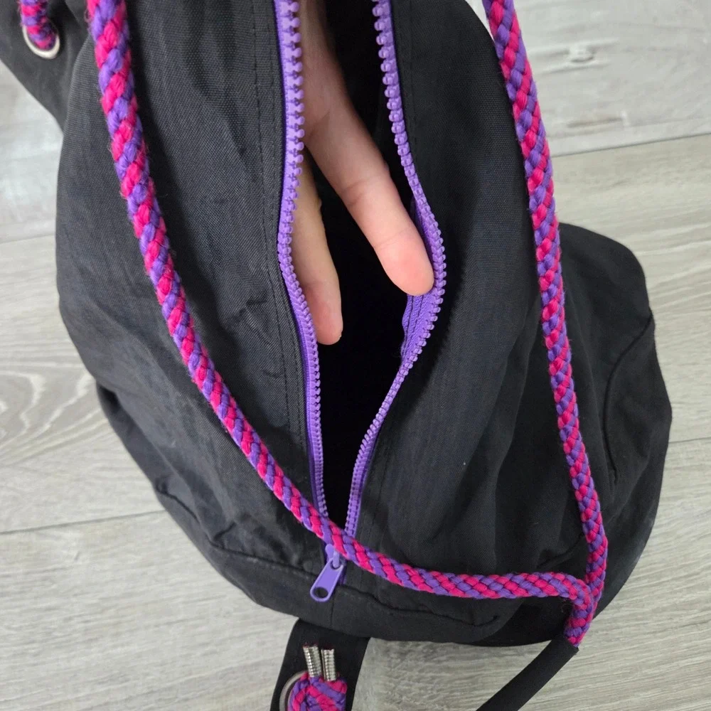 American Girl Black Nylon Drawstring Sling Backpack Y2K Star Logo Purple Rope